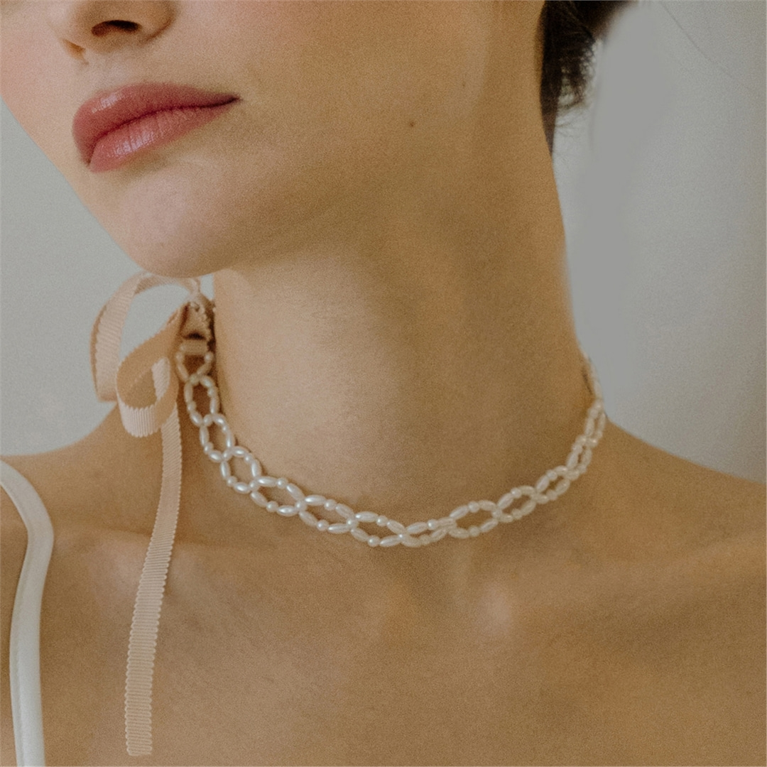 [하스] Pearl ribbon tie necklace_HE006