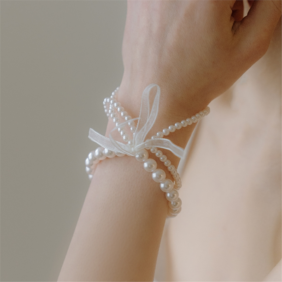 [하스] Ribbon &amp; pearl layered bracelet_HE010