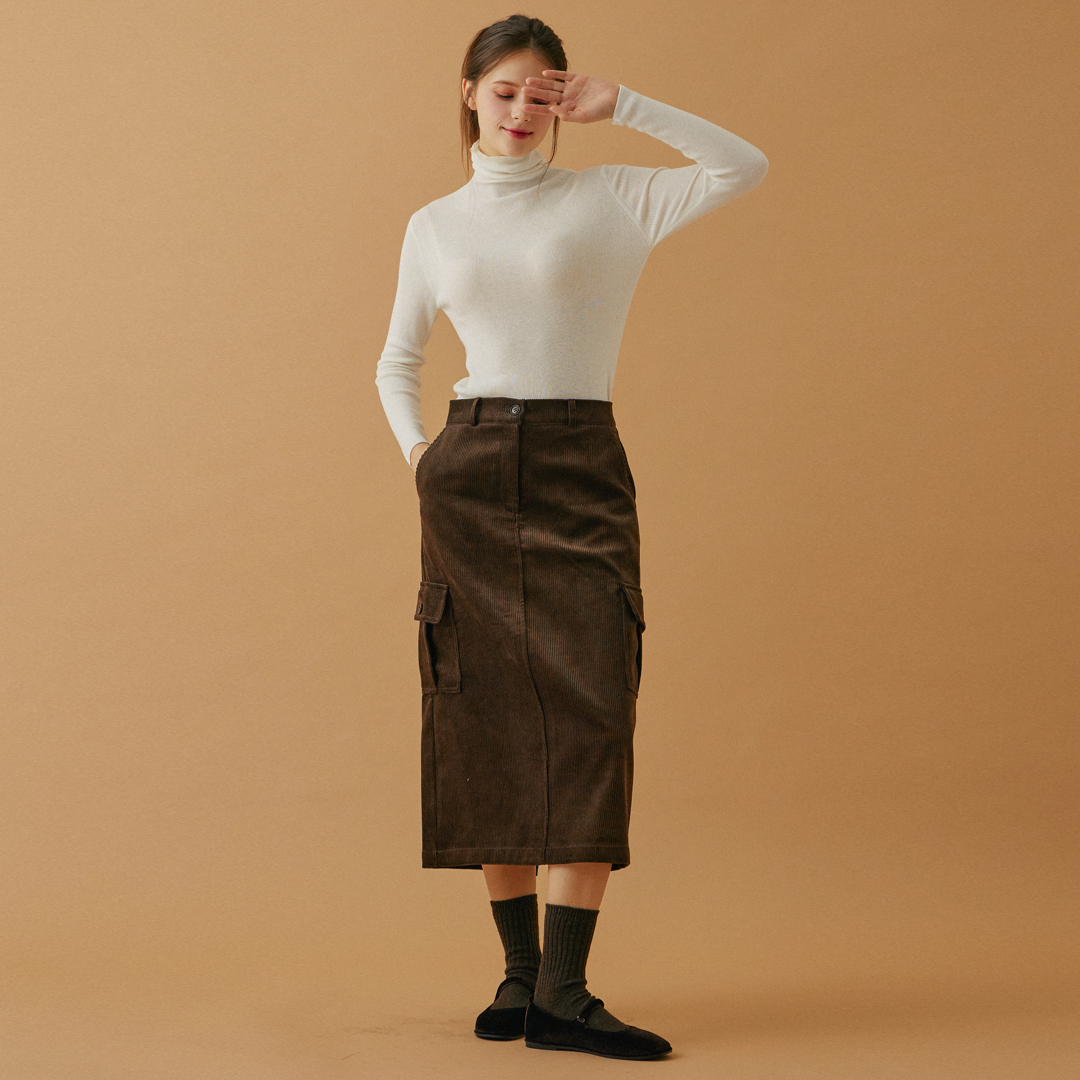 [블리온느]Corduroy Cargo Pocket Skirt_Brown