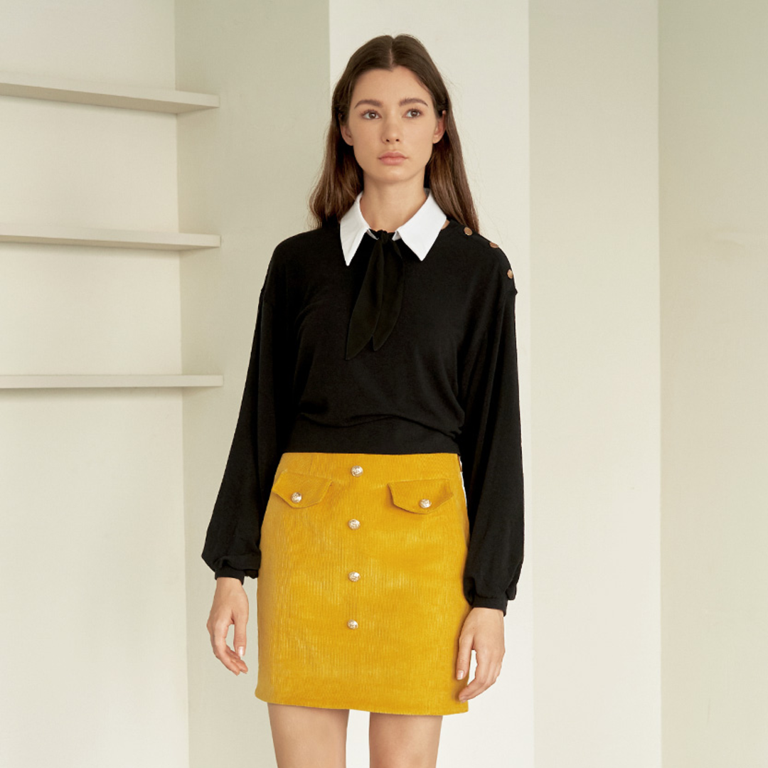 [이제이노리] Yellow Corduroy Skirt with Button Details 옐로우 코듀로이 버튼 장식 스커트