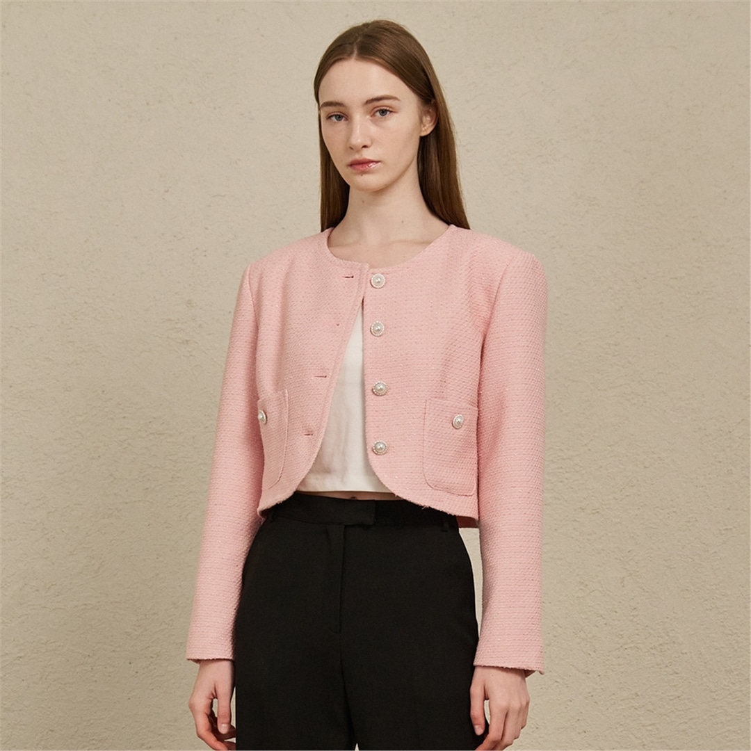 [누브] Tweed Pearl Button Jacket - Pink