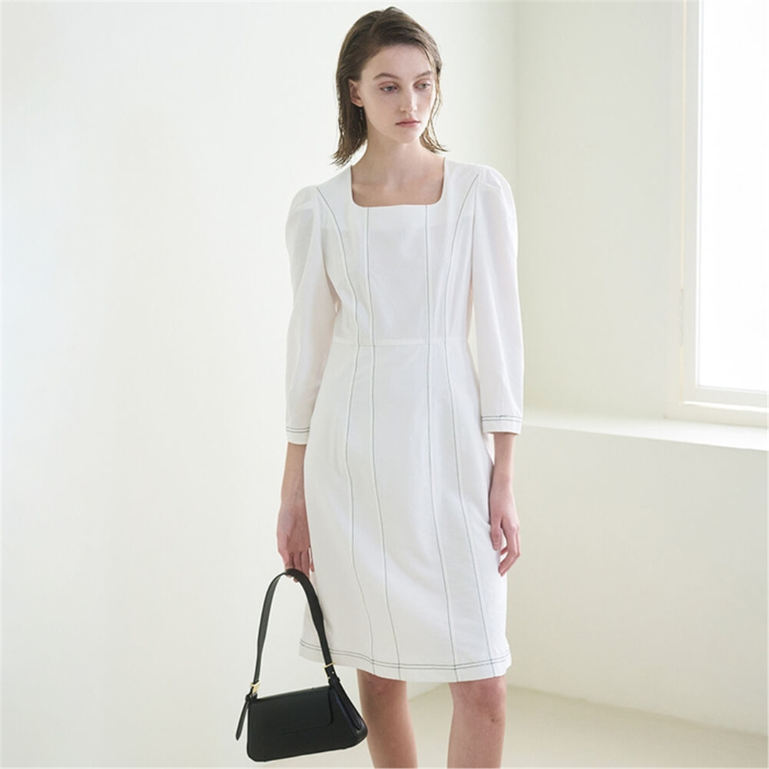 [누브] Square Neck Stitch Dress - White