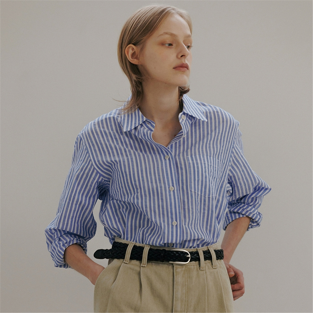 [블랭크03] boxy cotton shirt [Japanese fabric] (blue stripe)