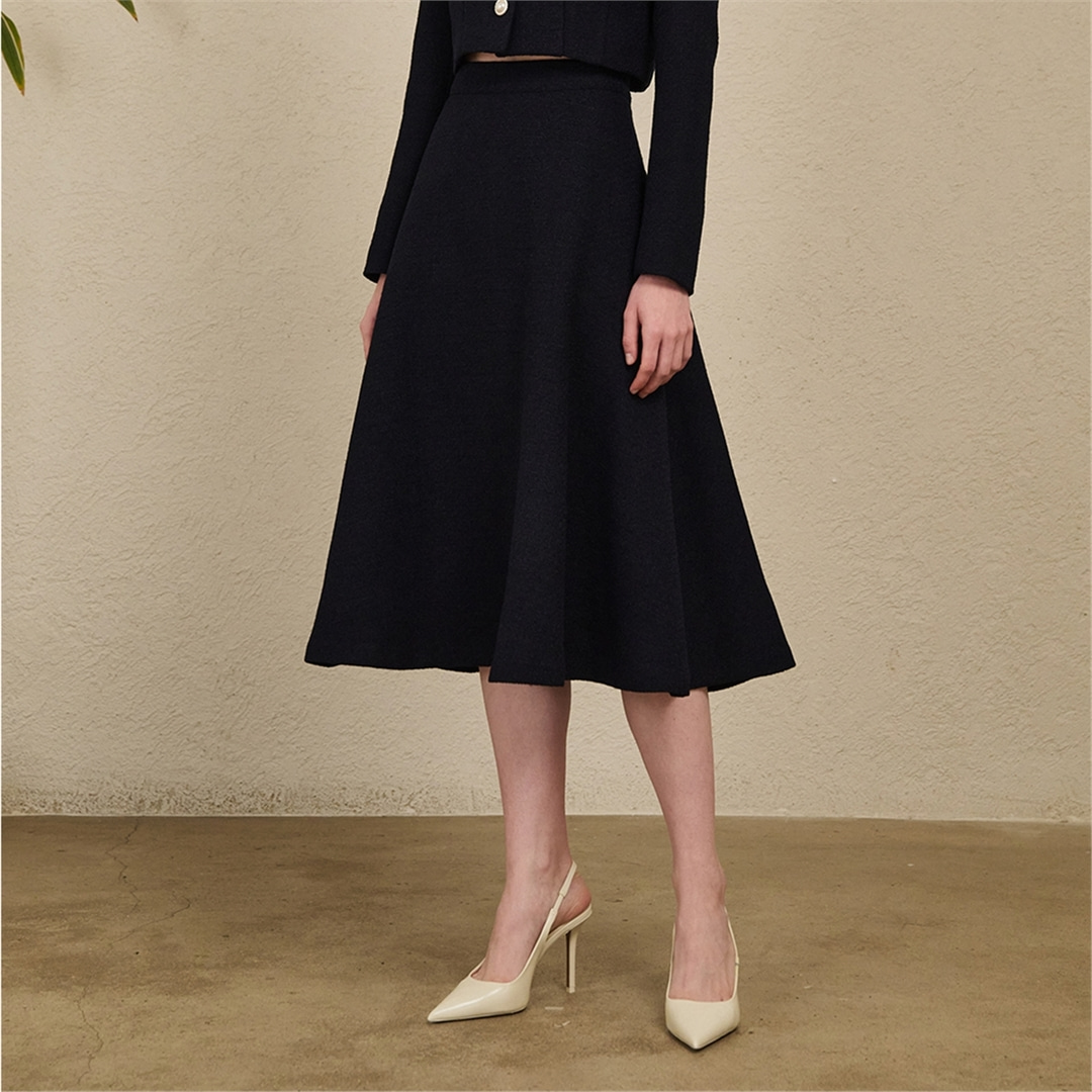 [누브] Long Flare Tweed Skirt - Navy