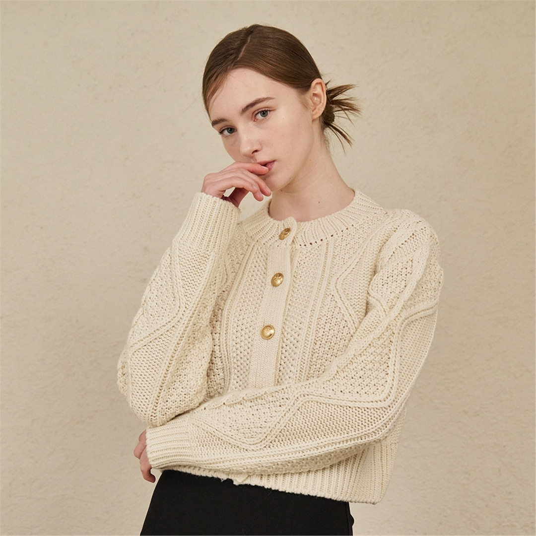 [누브] Cable Wool knit Cardigan-Ivory