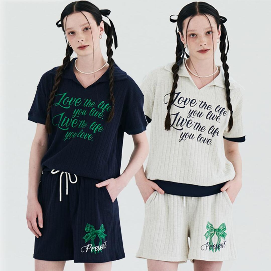 [메타퍼] MET Summer Knit Ribbon Printing T-Shirt&amp;Pants Set