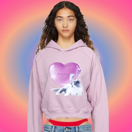 [2113스튜디오] Crop hoodie heart cat Baby pink