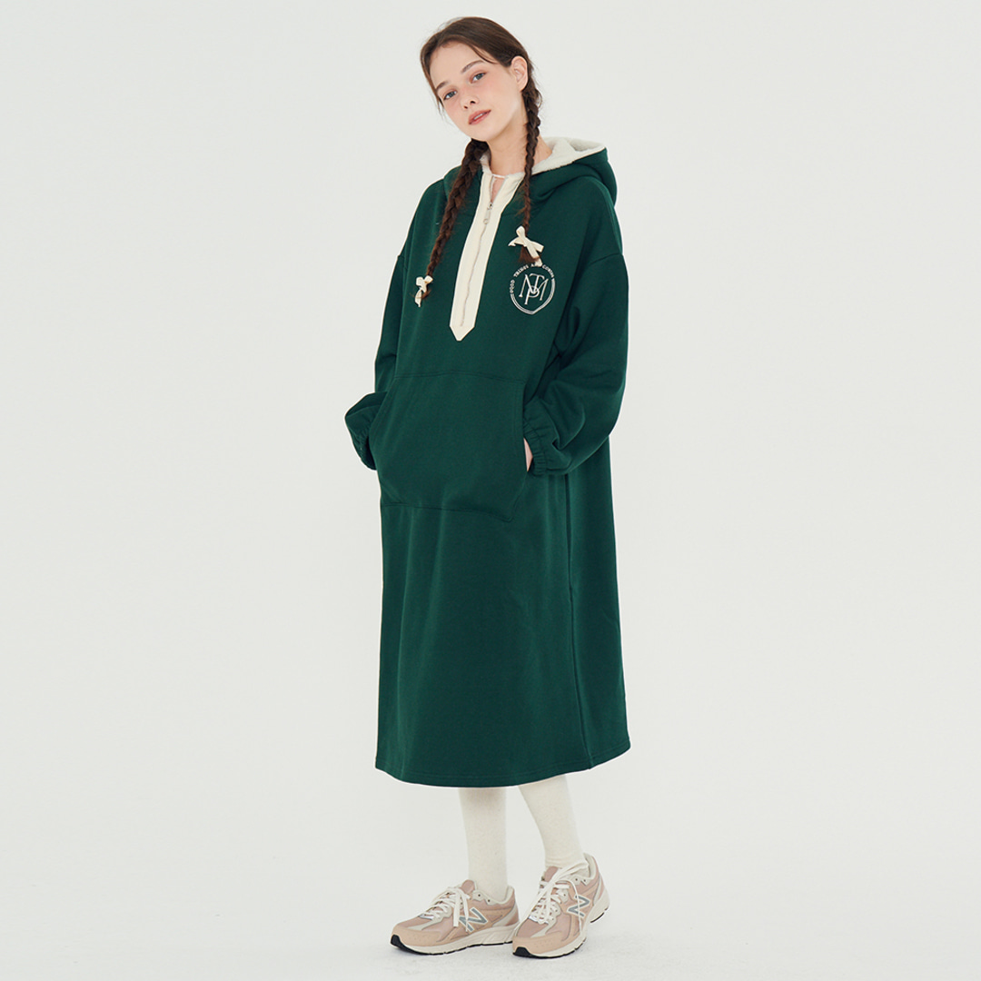[메타퍼] MET half zip-up fleece hood dress green