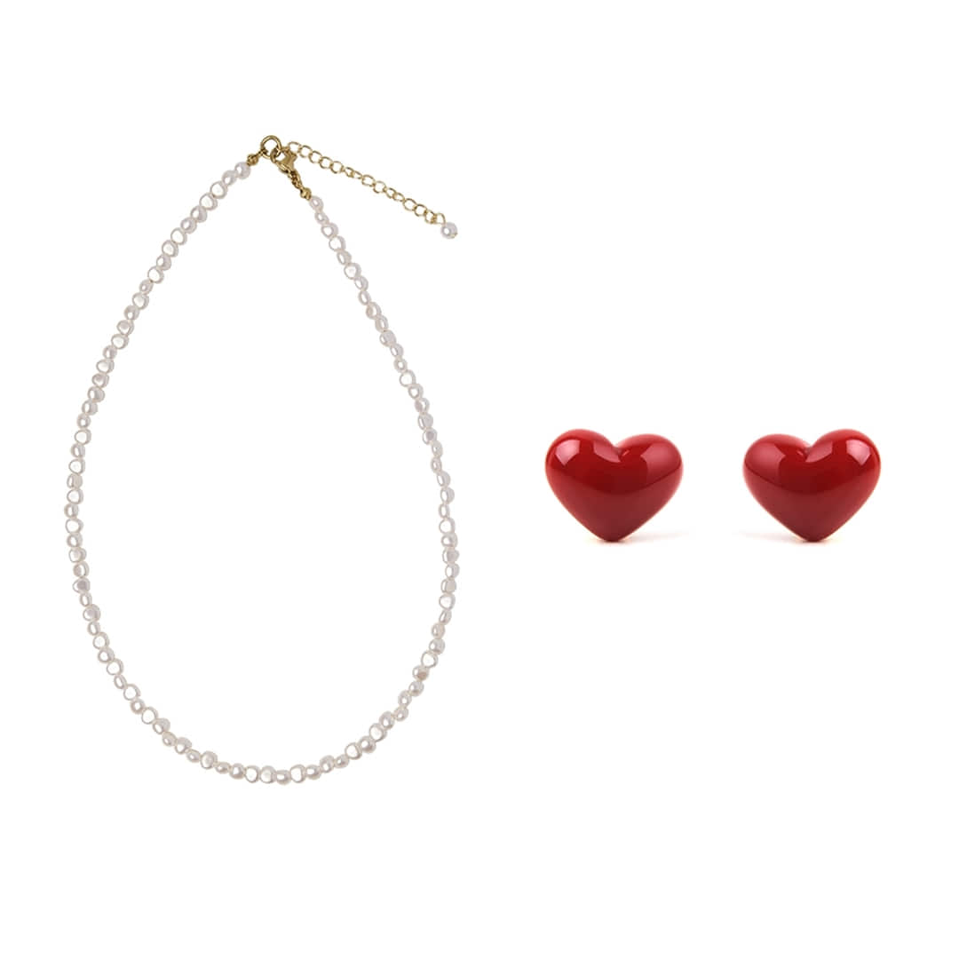 [티오유][단독] rough pearl necklace &amp; volume red heart earring_XT010