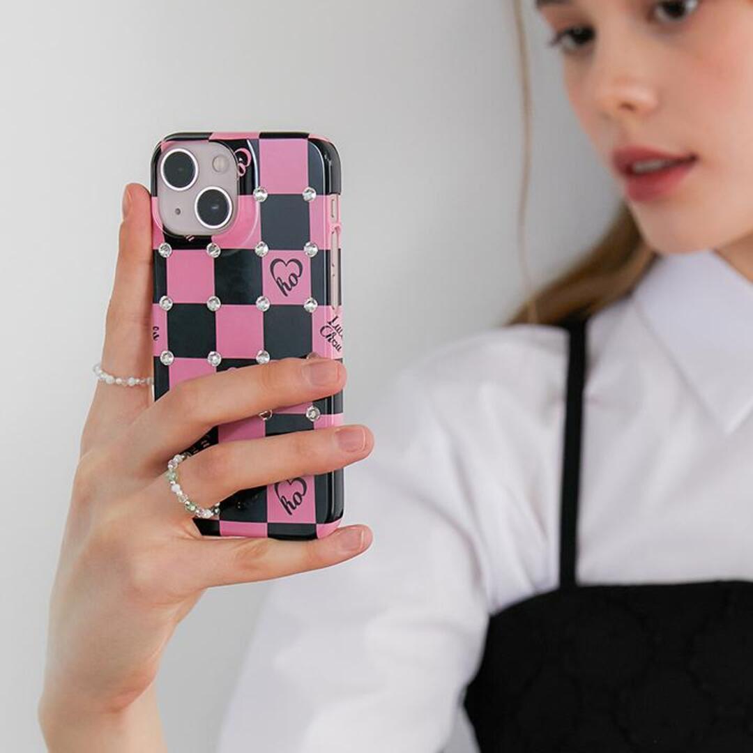 [루루슈] Bijou Checkerboard Phone Case - HOT PINK
