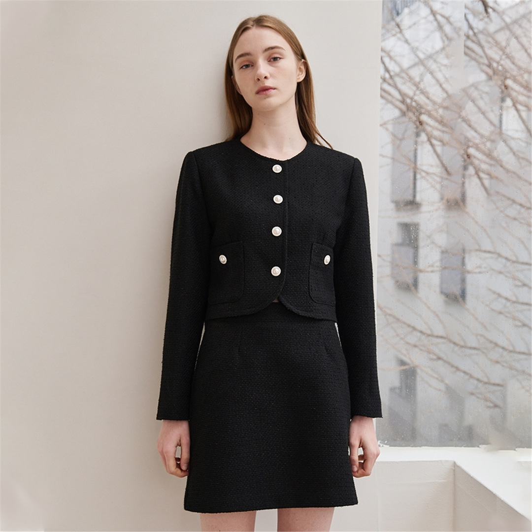 [누브] Tweed Pearl Button Jacket Set Up - Black