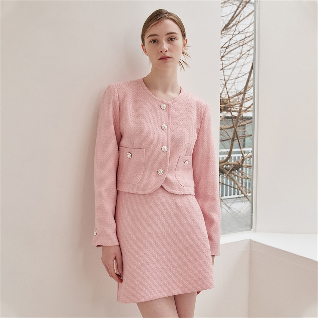 [누브] Tweed Pearl Button Jacket Set Up -Pink