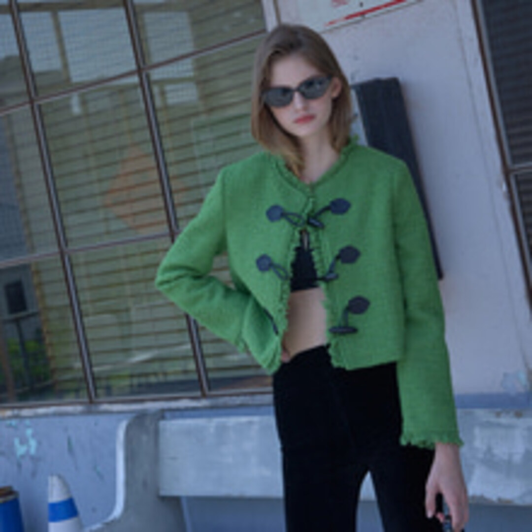 [320쇼룸]Toggle button Fringe tweed Wool Jacket Green