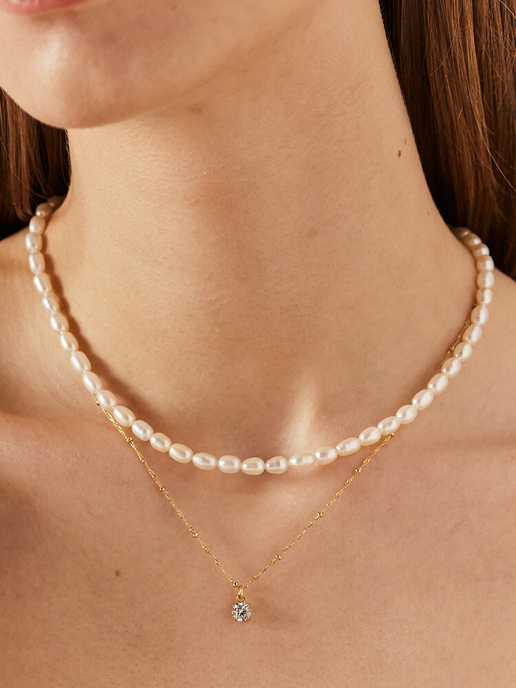 [소수] (SET) Freshwater Pearl Cubic Layered Necklace 담수 진주 큐빅 레이어드 목걸이
