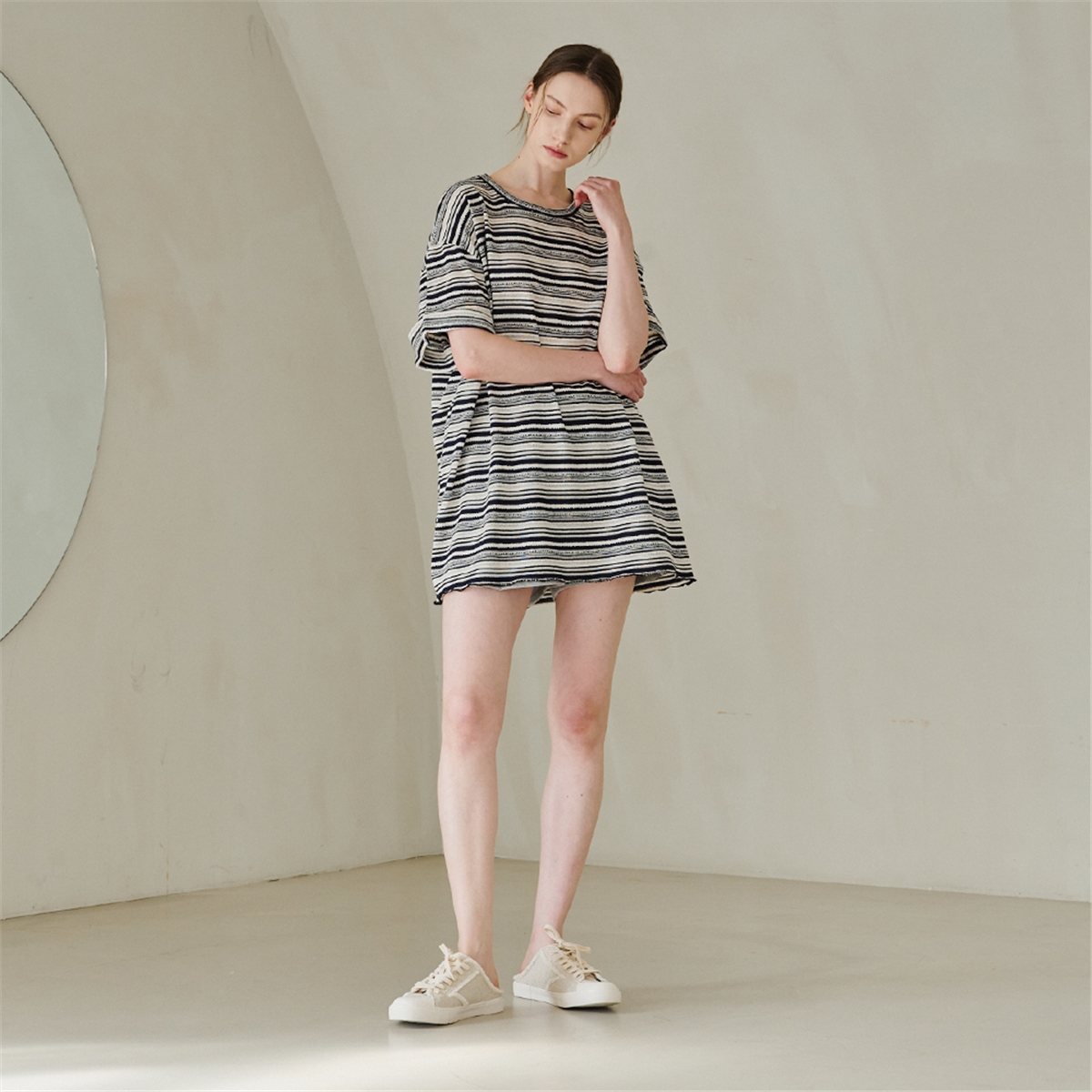 [누브] Stripe Overfit Knit T-Shirts - Navy