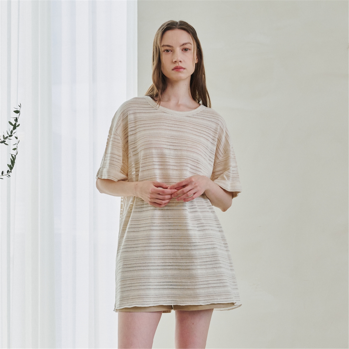 [누브] Stripe Overfit Knit T-Shirts - Ivory