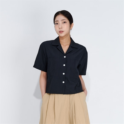 [배주안] Open collar crop shirt_BLACK