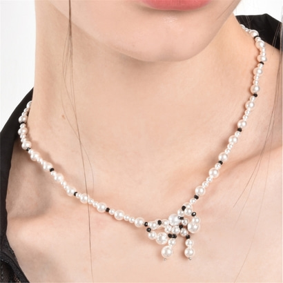 [티오유] Black beads pearl ribbon necklace_TP019 [Silver925]
