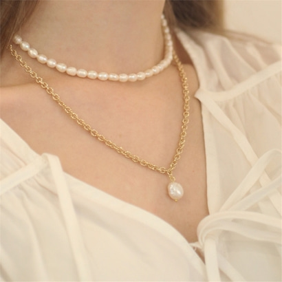 [하스] [2SET]Freshwater pearl bold chain necklace_LV003