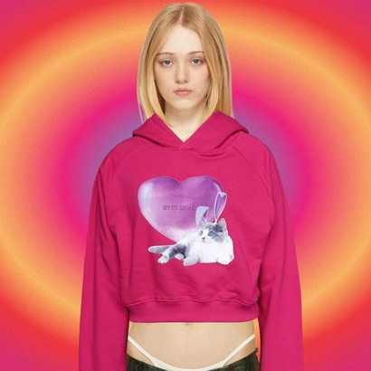 [2113스튜디오] Crop hoodie heart cat Magenta
