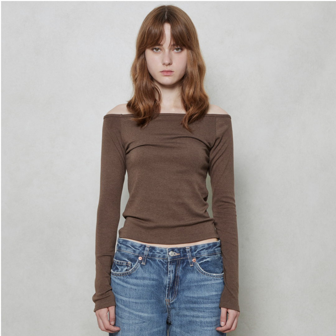 [리파인드902] Wool Blended Off Shoulder T-Shirts_Light Brown