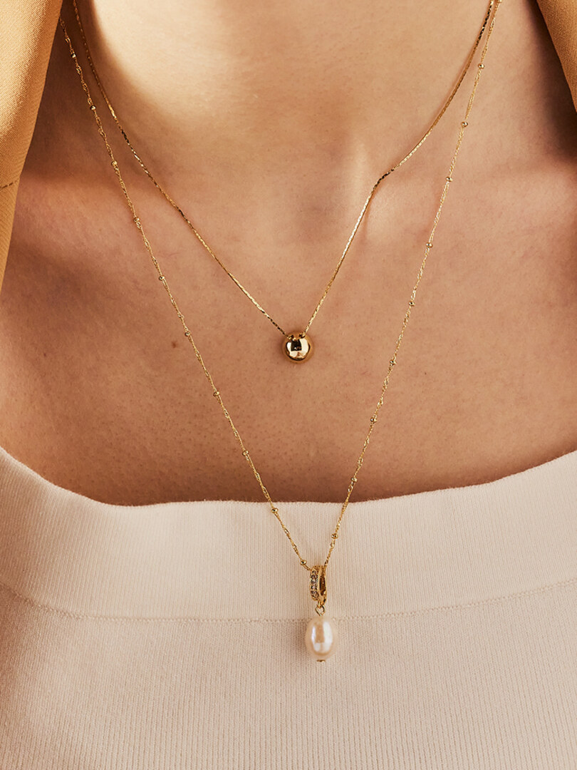 [소수] Curve Point Pearl Layered Necklace 커브 포인트 진주 레이어드 목걸이