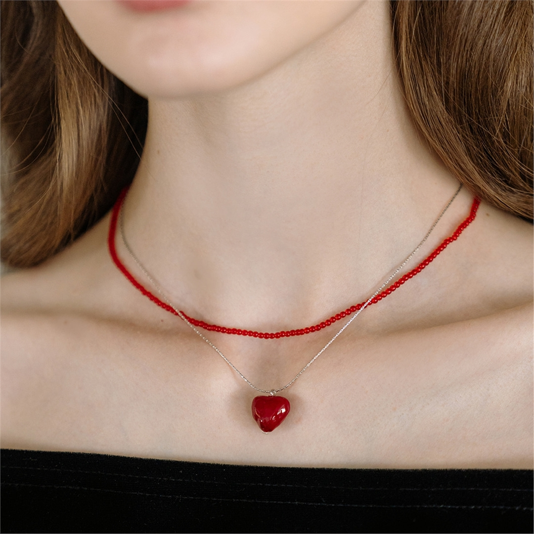 [하스][2SET] Heart &amp; red bead layered necklace_HW006