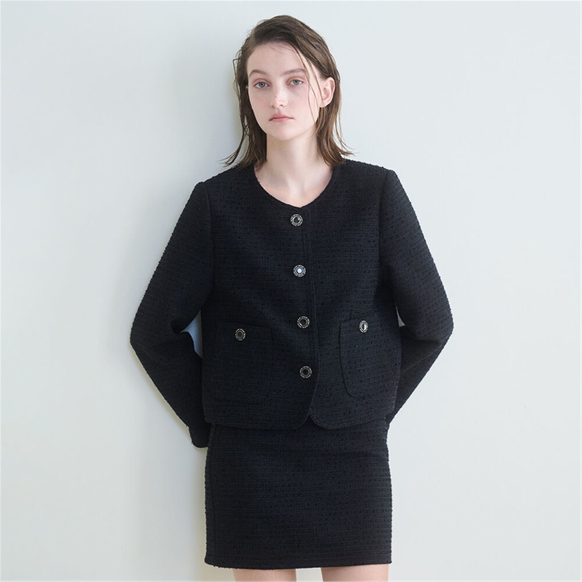 [누브] Tweed Stitch Jacket Set-up - Black
