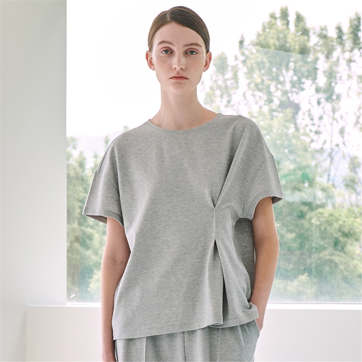 [누브] Side Tuck PK T-Shirt -Melange Gray