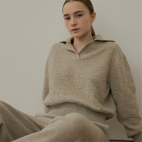 [블랭크03] cashmere open collar square knit (light grey)