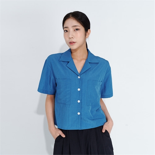 [배주안] Open collar crop shirt_BLUE