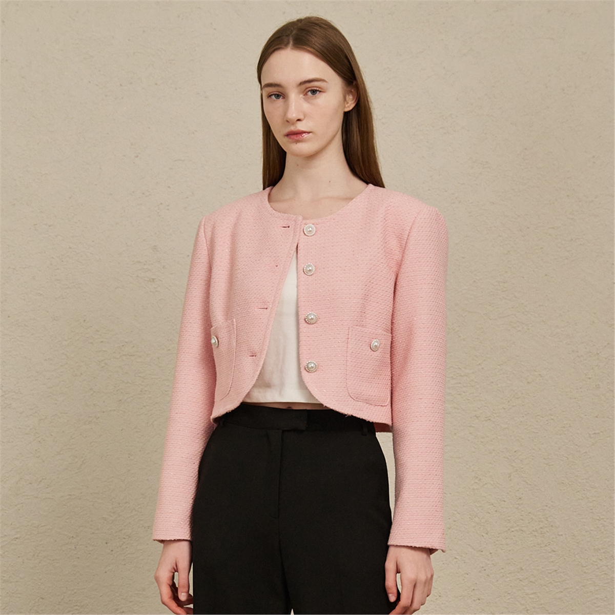 [누브] Tweed Pearl Button Jacket - Pink