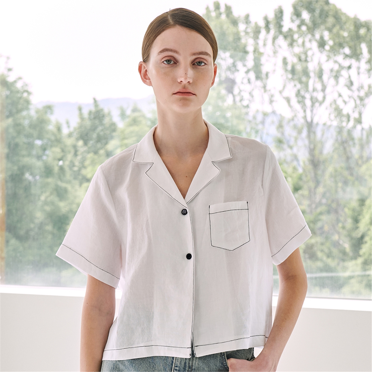 [누브] Rinen Stitch Crop Shirts - White