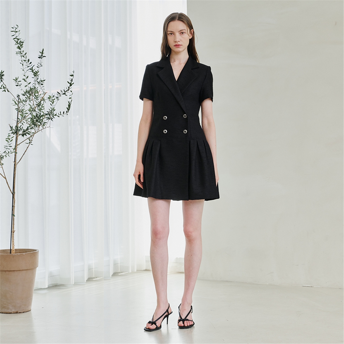 [누브] Tweed Double Button Dress -  Black
