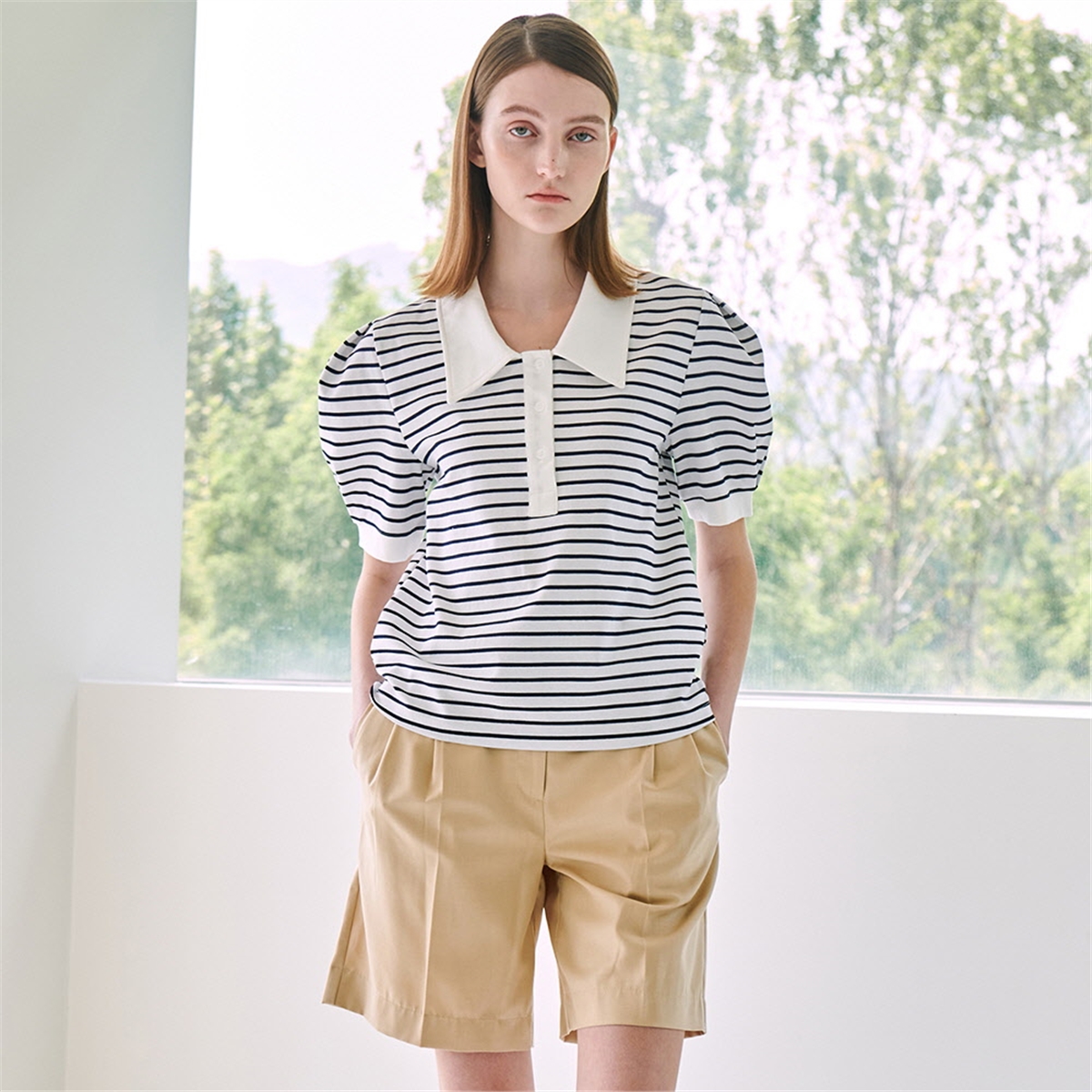 [누브] Stripe Puff Collar T-Shirt - Navy