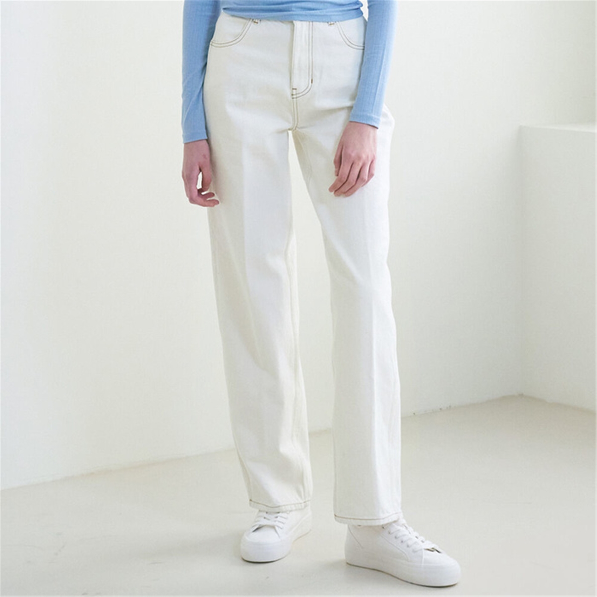 [누브] Straight Stitch Denim Pants - Cream